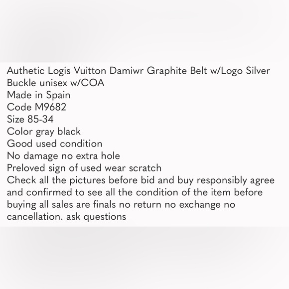 LOUIS VUITTON Damier Graphite Belt w/ Logo Silver Buckle Size 85-34 Unisex w/COA - Picture 10 of 10